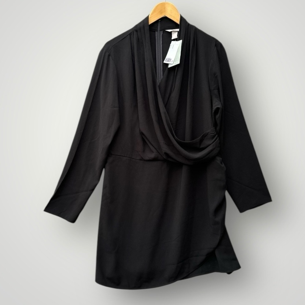 H&M Black Draped Long-Sleeve Tunic Dress